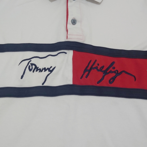 Tommy Hilfiger Short Sleeve Polo Shirt Men's Small White Spell Out Logo Button - Picture 3 of 9